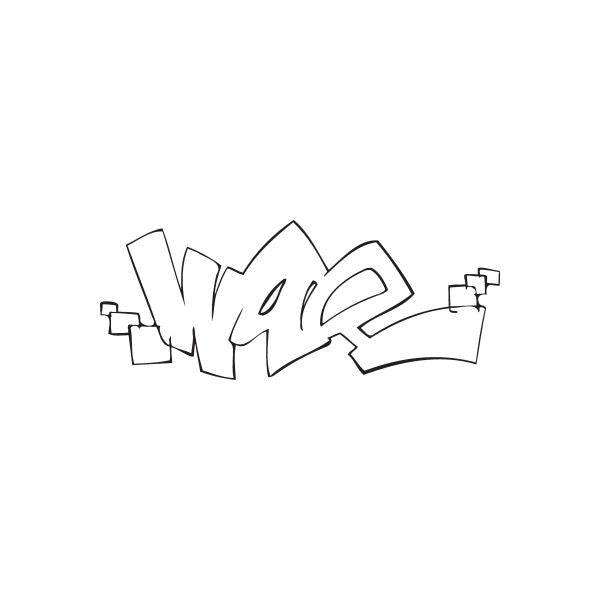 Graffiti-style wall decal with bold tag lettering in dark gray outline