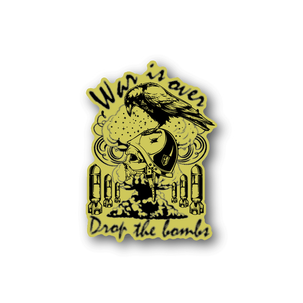 Vinyl sticker with yellow illustrated figure and bold curved text