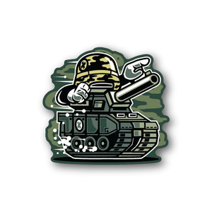 War tank vinyl sticker with illustrated camouflage tank and soldier holding rifle