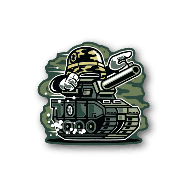 War tank vinyl sticker with illustrated camouflage tank and soldier holding rifle