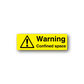 Warning confined space sticker with black warning triangle and text on yellow background