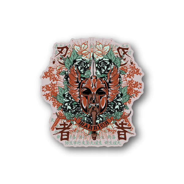 Warrior skull vinyl sticker with teal and orange floral warrior mask design