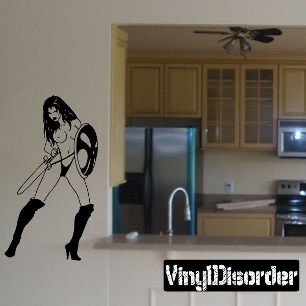 Warrior woman decal in heels, holding sword and round shield