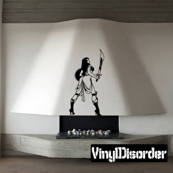 Warrior woman wall decal, black silhouette holding spear and wearing heels