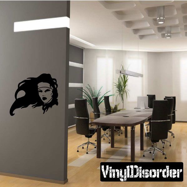 Warrior woman vinyl decal, dark silhouette with long hair