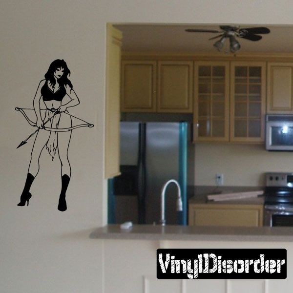Warrior woman wall decal silhouette holding bow and arrow, standing pose, dark outline