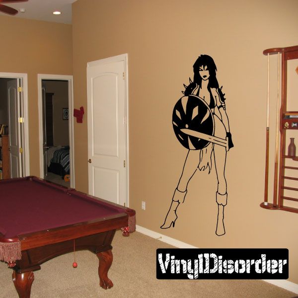 Warrior woman wall decal with shield and sword, damaged shield graphic, black outline