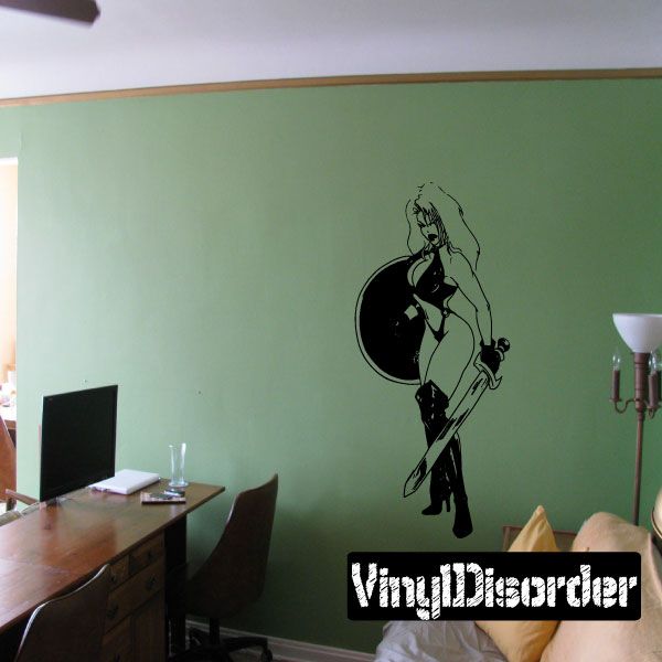 Warrior woman wall decal with thigh-high boots, black silhouette