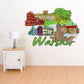 Warsaw cityscape sticker with colorful buildings, trees, and green cursive 'Warsaw'.