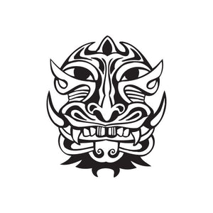 Warthog tiki decal, black and white stylized warthog face with flames and scroll