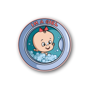 Baby girl washing-machine vinyl sticker, smiling face with bow and bubbles