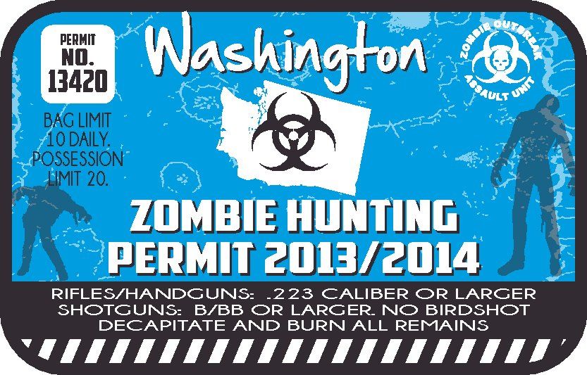 Washington zombie hunting permit sticker with blue graphics, biohazard symbol, and permit no 13420