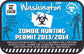 Washington zombie hunting permit sticker with blue graphics, biohazard symbol, and permit no 13420