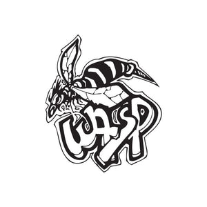Wasp graffiti decal in black and white, stylized wings and bold lettered design