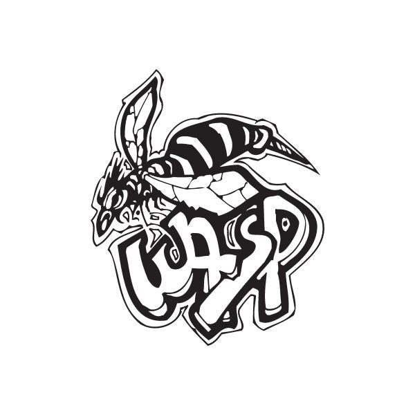 Wasp graffiti decal in black and white, stylized wings and bold lettered design