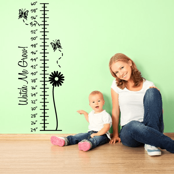 Height growth chart wall decal with butterfly and flower designs and inch scale