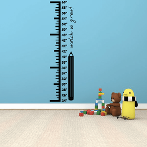 Pencil-style growth chart wall decal with height numbers and tick marks, black