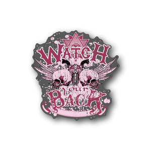Vinyl sticker with pink skulls, winged design, and “Watch your back” text