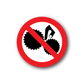 Warning sticker with red prohibition slash over black gears and hand