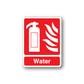 Water fire extinguisher sticker, red with white icon and 'Water' label.