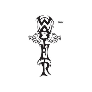 Water graffiti decal of a black tribal creature with horns and outstretched arms