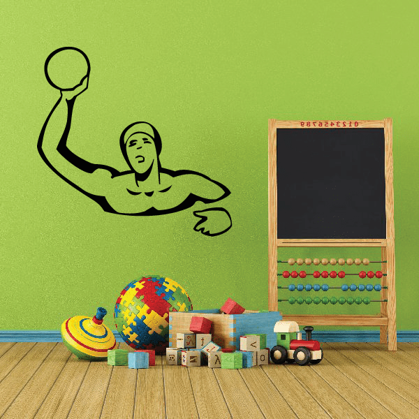 Water polo player decal, green and black outline holding ball overhead