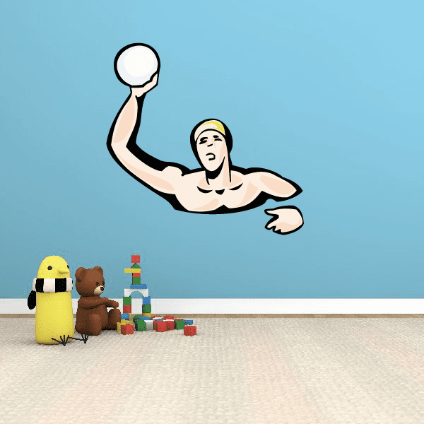 Water polo player printed die-cut decal, arm raised toward a white ball