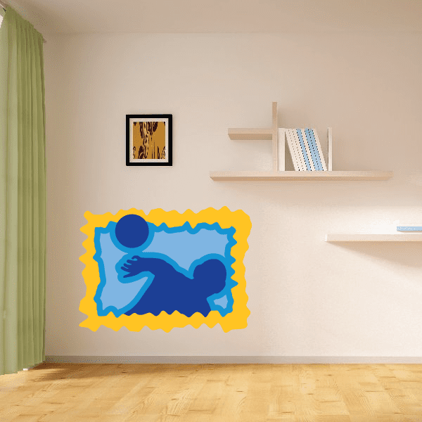 Blue water polo player throwing ball sticker with yellow scalloped border