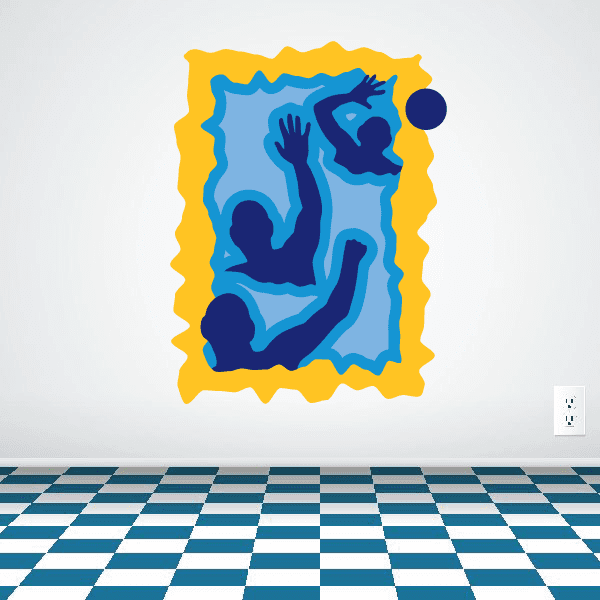 Water polo players sticker with blue water polo player silhouette on yellow border
