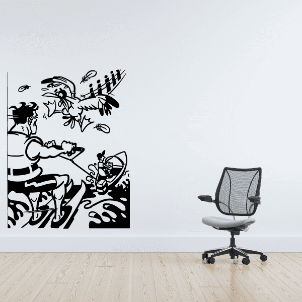 Water skier and bird splash wall decal, black and white silhouette with motion lines