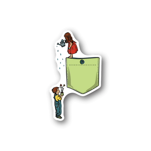 Vinyl sticker of two figures watering flowers with watering cans and water splashes