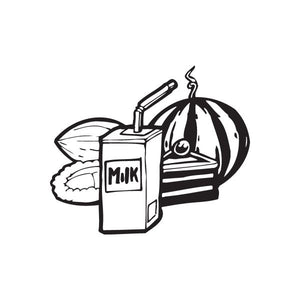 Milk carton and watermelon slice wall decal, black-and-white line art