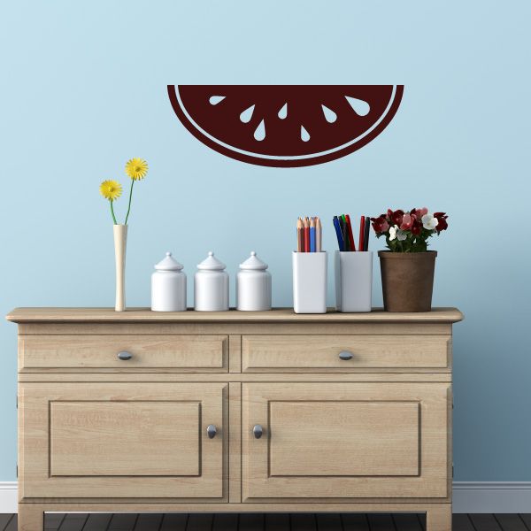 Watermelon decal sticker with dark red semicircle and white rind details
