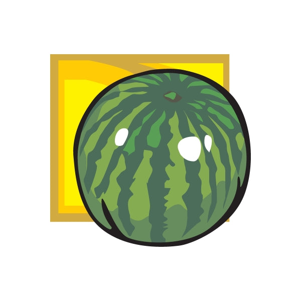 Watermelon sticker with dark green rind and red patterned interior