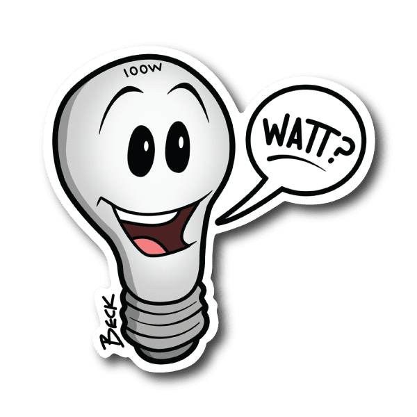 Vinyl lightbulb sticker, cartoon bulb with 100W text and 'WAIT!?' speech bubble