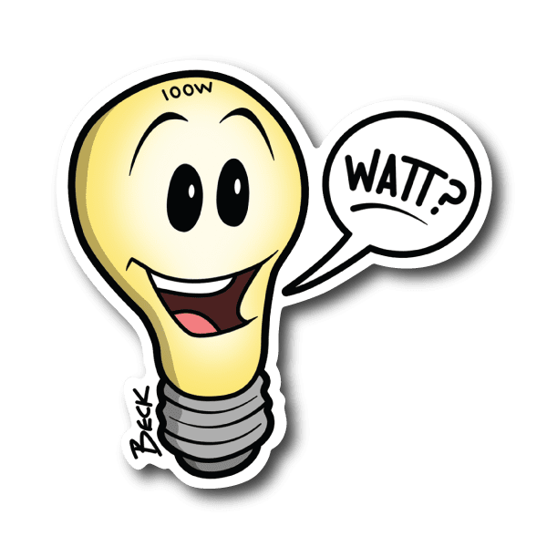 Cartoon bulb vinyl sticker with '100W' and 'WAIT?!' speech bubble