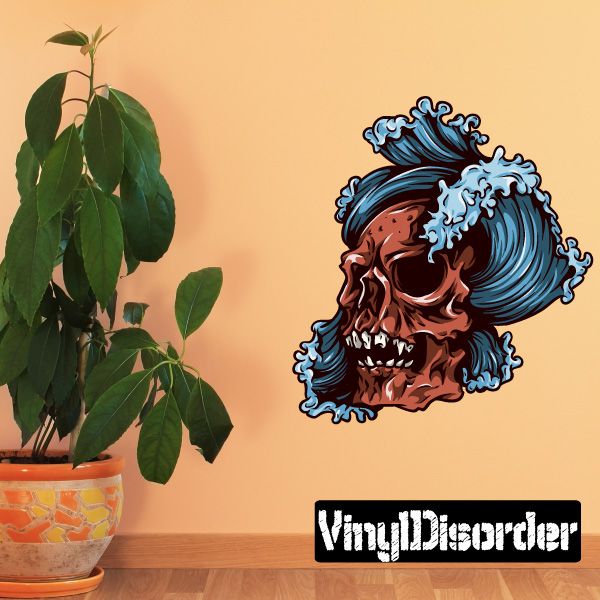 Blue wave skull sticker with red face and open mouth