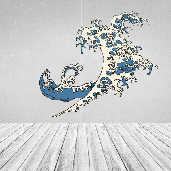 Blue wave wall sticker with curling crest, sweeping upward and right