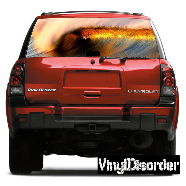Rear window graphic decal with waves across SUV back window