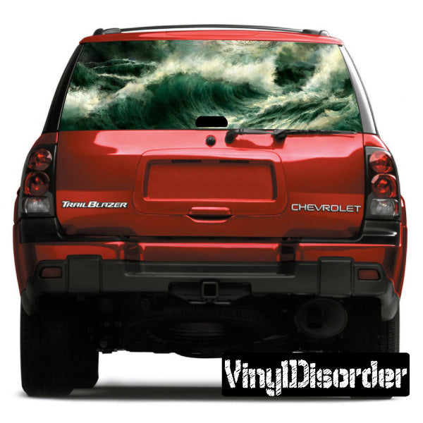 Rear window wave graphic decal with cloudy green and white tones