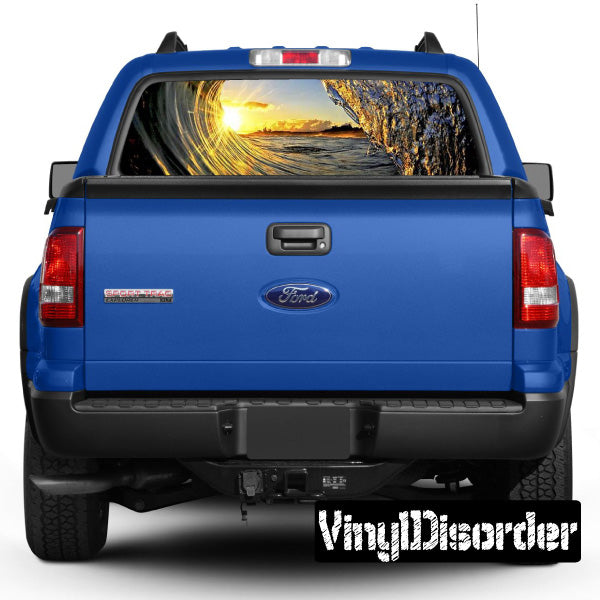 Blue pickup rear view with rear window graphic waves