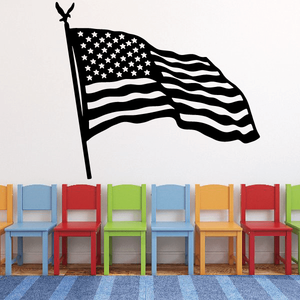 Waving American flag wall decal with pole, stars and striped waves