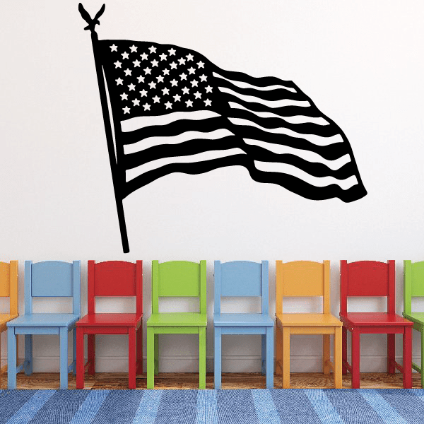Waving American flag wall decal with pole, stars and striped waves