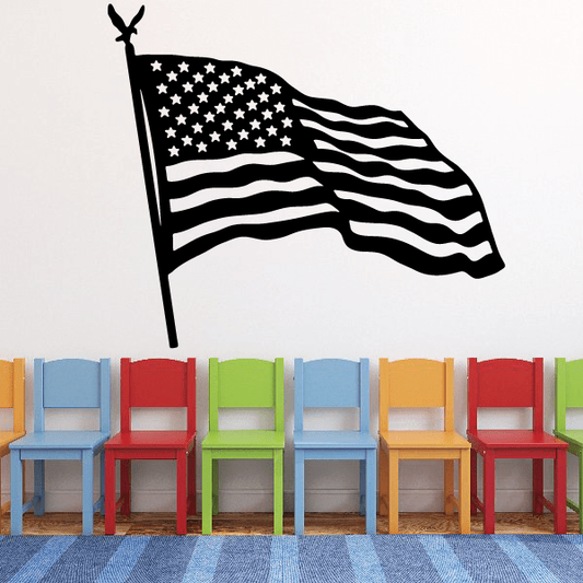 Waving American flag wall decal with pole, stars and striped waves