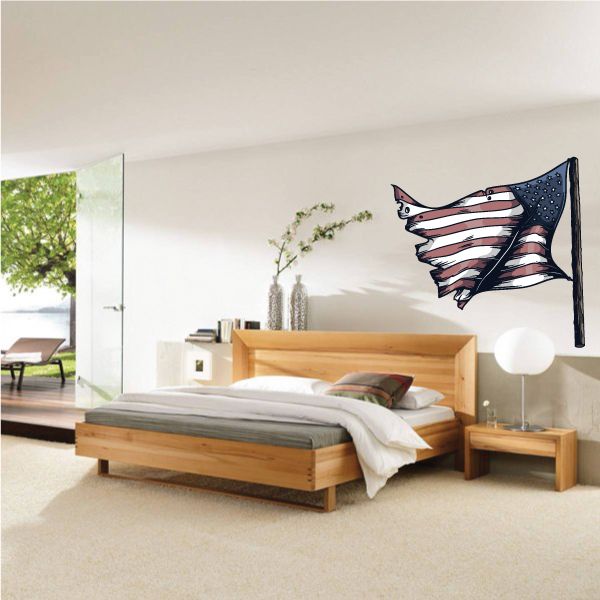 Waving American flag printed die-cut wall decal with red stripes and blue star field