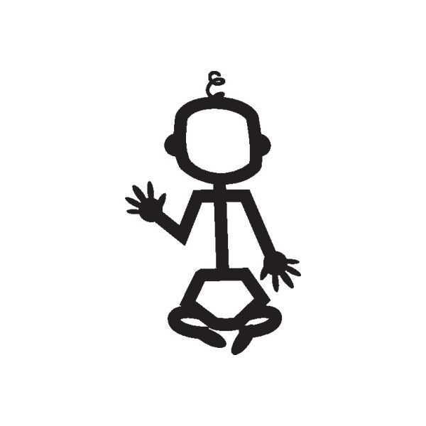 Black no-face baby waving decal, simple figure with blank face and open arms