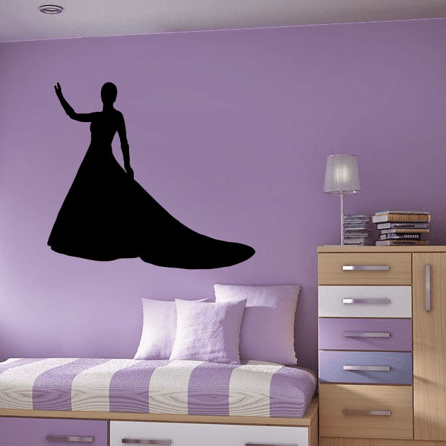 Black bride silhouette decal with waving pose, flowing dress