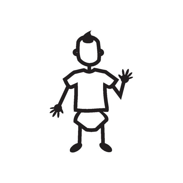Waving baby decal, no-face cartoon child in black outline with raised arms, shirt and diaper