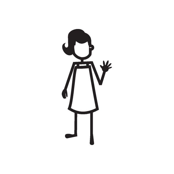 Girl waving decal, black silhouette with skirt and raised hand