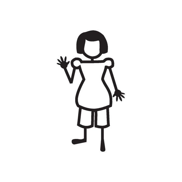 Dressed girl waving decal, black outline with white dress and shorts